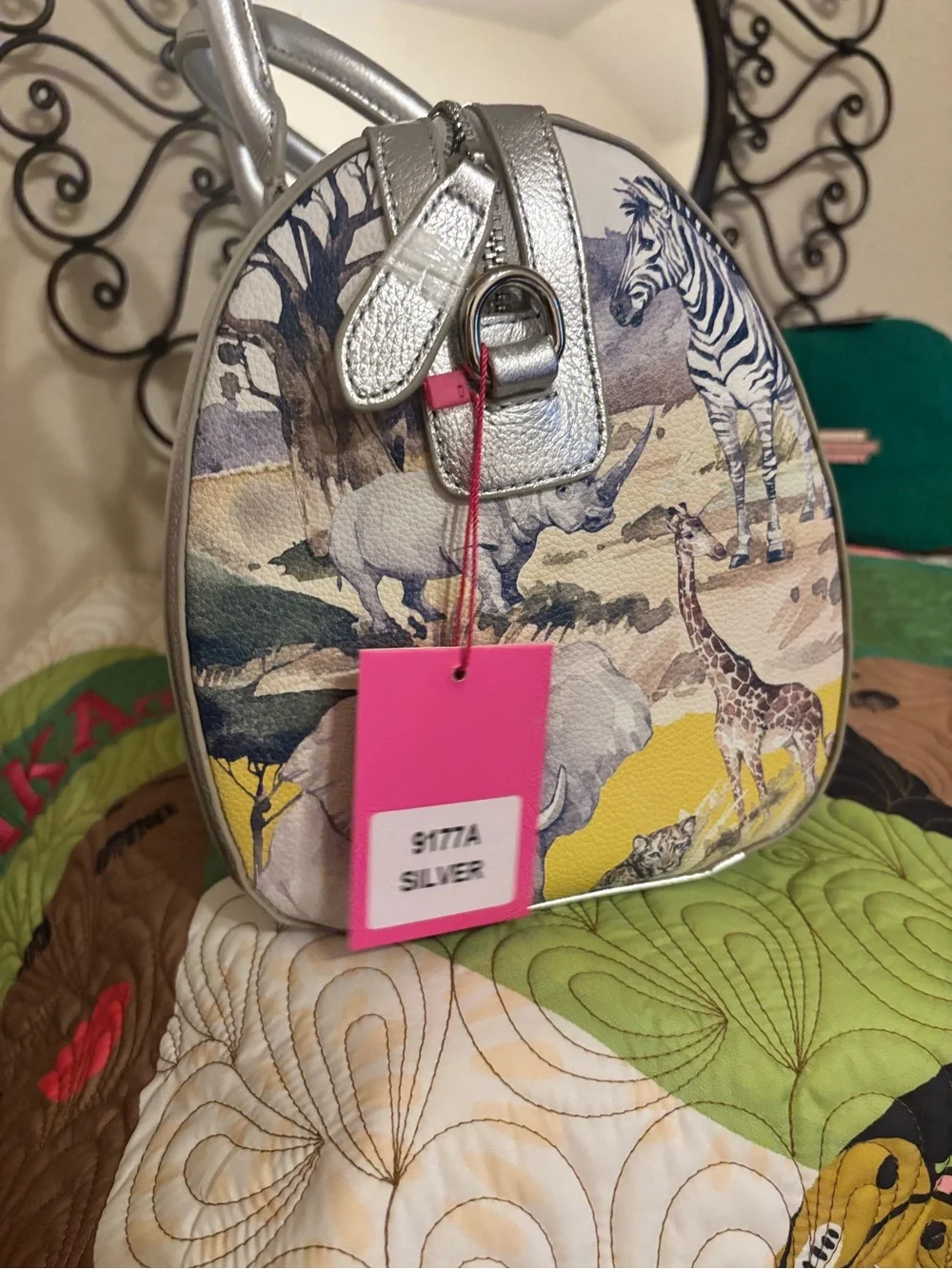 Sassy Jones Yellow Safari Animal Print Satchel with Silver Accents